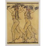 Unsigned Pencil & Ink Drawing Circa 1920 Two Grecian Dancing Ladies with Red Cheeks