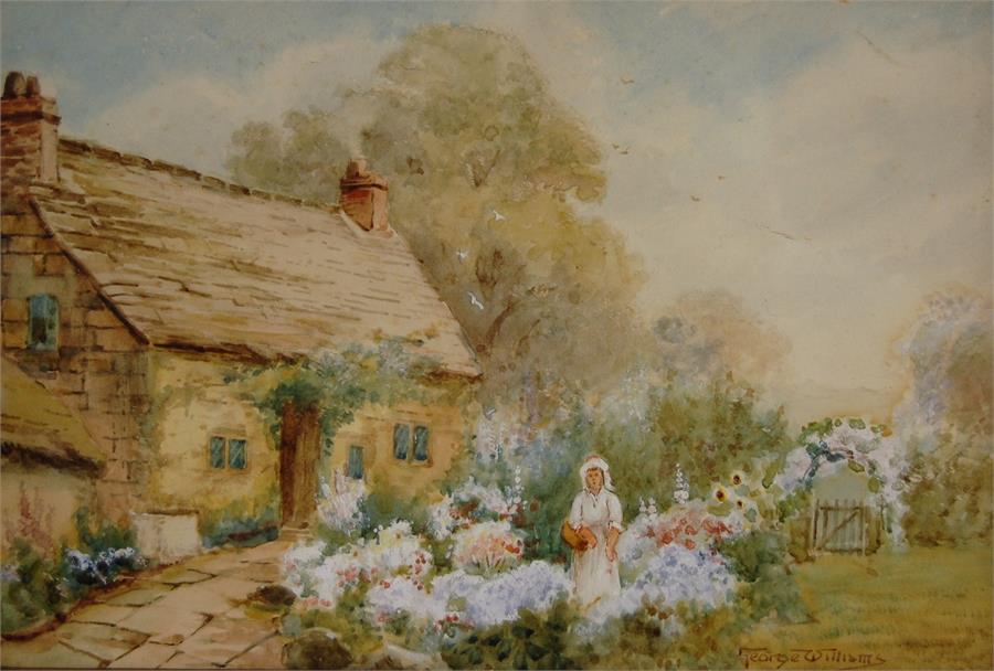 George WILLIAMS, Signed, 19th C Pair of Cottage Garden Scenes with Summer Flowers and Figures - Image 5 of 5