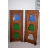 Pair Early 20th C. Indian Carved Wood Windows With Coloured Glass Panes