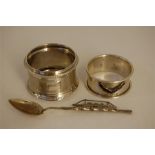 Two Vintage Silver Napkin Rings together with a Silver Spoon of Nautical Interest