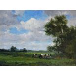 Oil on Canvas Country Scene with Grazing Cattle in the Style of Willem Roelofs