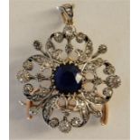 Very Fine 19th C Gold / White Gold Pendant Set Central Sapphire Surrounded by 47 Diamonds