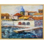 M. SKANSI (1885-1979), Continental Port Scene, Oil on Canvas,19cm H x 24cm L