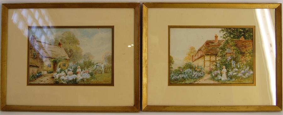 George WILLIAMS, Signed, 19th C Pair of Cottage Garden Scenes with Summer Flowers and Figures