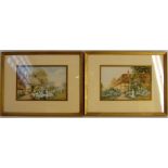 George WILLIAMS, Signed, 19th C Pair of Cottage Garden Scenes with Summer Flowers and Figures