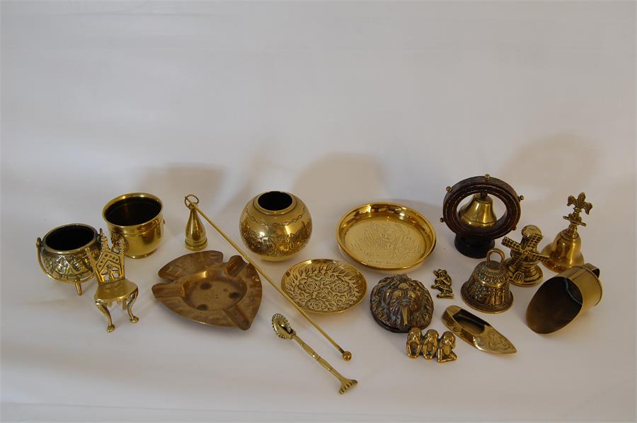 Collection of Small Brass items including a Candle Snuffer, Match Box Holder, etc.