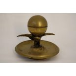 18th/19th C Brass Inkwell, Ceramic Ink Pot Set in A Globe Mounted Above Wingspan of An Eagle Below