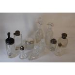 Collection of 19th C / 20th C Cut Glass Bottles, Some With Silver Tops