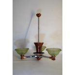 Circa 1920 Art Deco Chrome and Copper Three Arm Ceiling Drop Light Fitting