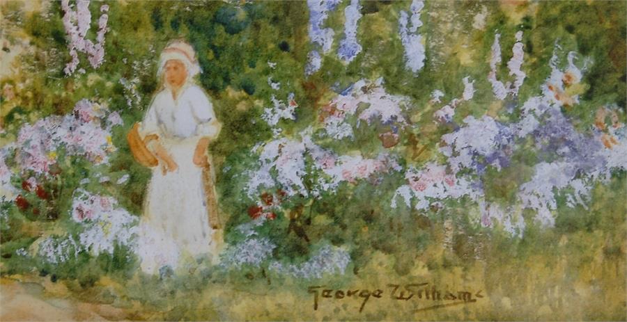 George WILLIAMS, Signed, 19th C Pair of Cottage Garden Scenes with Summer Flowers and Figures - Image 4 of 5