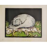 Early 20th Century Limited Edition Coloured Woodcut of a Grey Cat, Initialled J.H 6/250