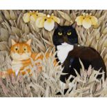 Helen Mark, Gouache of Two Cats Surrounded by Yellow Iris