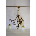 Circa 1900 Art Nouveau Three Branch Brass Chandelier With Three Opalescent Pale Green Shades C. 1900