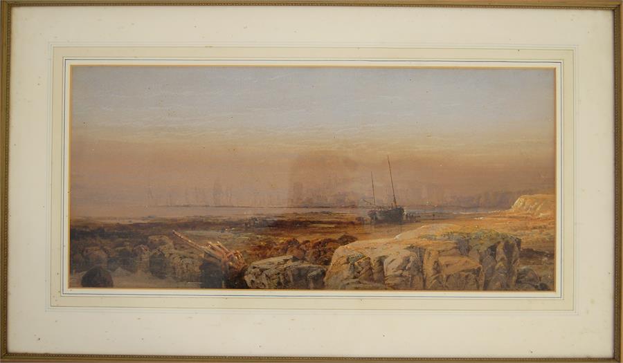 EDWARD RICHARDSON (1810-1874) View of Town and Shoreline, Watercolour, 25 cm x 58 cm