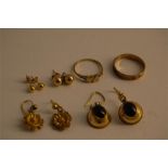 Two 9ct Gold Rings, Two Set 9ct Studs, Two Pair 9ct Earrings
