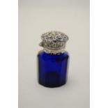 Small Bristol Blue Glass Perfume Bottle, Silver Top, Original Stopper