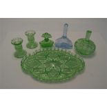 Art Deco Green Glass Dressing Table Set + Blue Glass Perfume Bottle