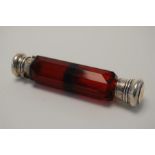 19th Century Double Ended Cranberry Perfume Bottle, Engraved Silver and Gold Tops