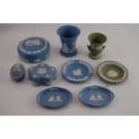 A Small Collection of Green and Blue Wedgwood Trinket Boxes etc, (9)