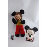 A Vintage Micky Mouse Money box, Fluffy Toy and Plastic Toy