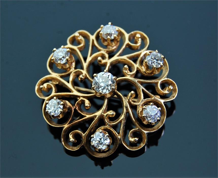 19th / 20th C. Brilliant Cut Diamond Scroll Brooch Set in Gold Coloured Metal - Image 3 of 4