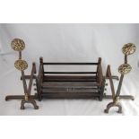 Contemporary Arts & Crafts Style 20th C. Cast Iron Fire Grate Matching Fire Dogs Brass Detailing