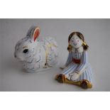 A Royal Crown Derby Gold Collectors Guild Bunny Paperweight, Boxed Plus Rag Doll