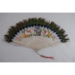 Victorian Chinese Export Fan Hand Painted White Feathers Trimmed with Peacock Feather 'Eyes' on Bone