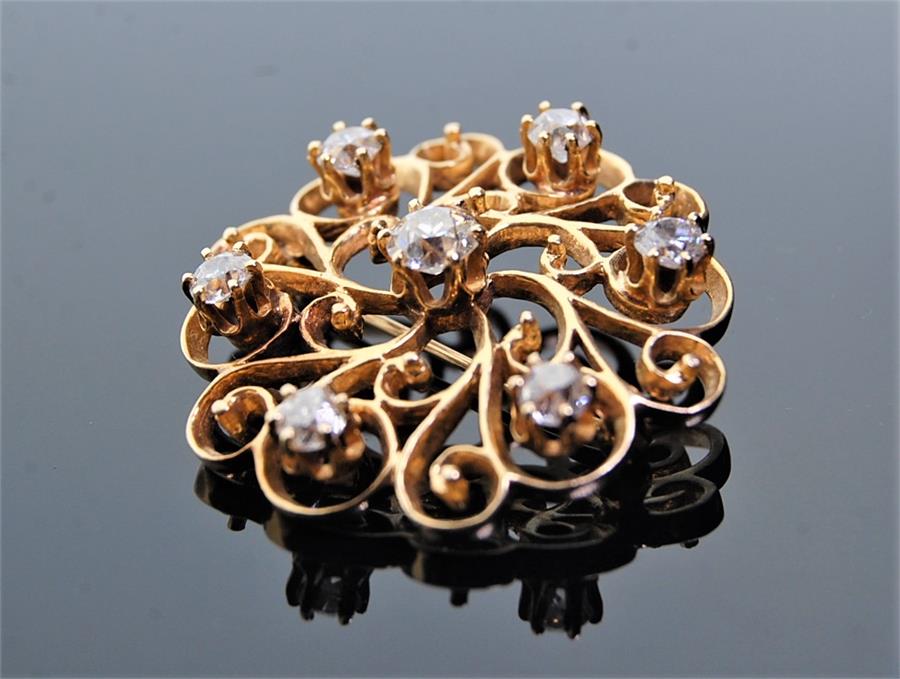 19th / 20th C. Brilliant Cut Diamond Scroll Brooch Set in Gold Coloured Metal