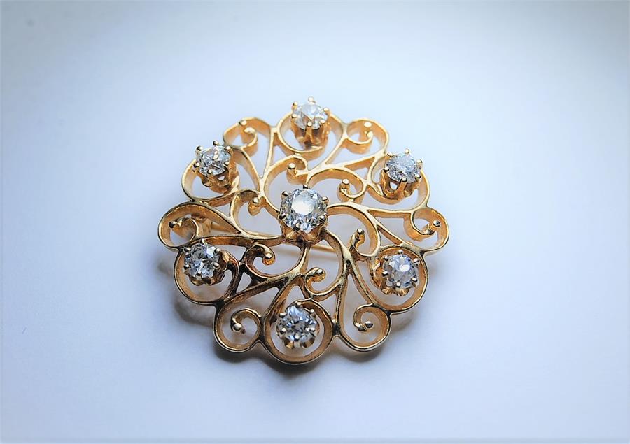 19th / 20th C. Brilliant Cut Diamond Scroll Brooch Set in Gold Coloured Metal - Image 2 of 4