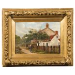 Oil by Unknown English Artist of English cottage with young girl & firewood, 24.5 x 35cm PROVENANCE: