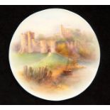 RW Circular Plaque painted with castle ruin, signed H. Stinton, 13.5cm dia.