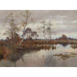 Oil by J Parkinson of English river landscape, signed, 23 x 35cm