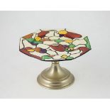 Clarice Cliff Bizarre Cake Stand Patchwork Leaves pattern, octagonal form on plated base, printed