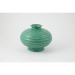 Wedgwood Keith Murray Compressed Circular Footed Vase horizontal ribbed, matt green glaze, printed