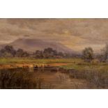 Oil by C19th English Artist of cattle grazing beside river, 38 x 60cm
