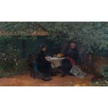 Oil by Late C19th European Artist of clerics at lunch in picturesque garden, signed W. M. Waller (?)