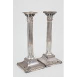 Pair of S/Plate Corinthian Column Candlesticks traditional form with beaded rims and bases