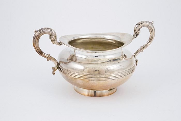 Victorian Irish S/S Sugar Bowl two handled with ribbed central band, engraved inscription, '