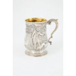 Geo III S/S Tankard baluster form decorated in low relief with a continuous fox hunting scene,