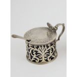 Victorian S/S Mustard Pot cylindrical shape, the hinged lid with pierced thumbpiece, engraved