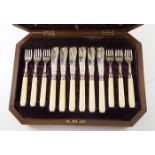 Boxed Set of Six Late Victorian S/S Fish Knives & Forks with faceted ivory handles and engraved