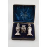 Victorian Punch & Judy Three Piece S/S Cruet Set comprising, Mr Punch, Judy and Mr Punch's dog,