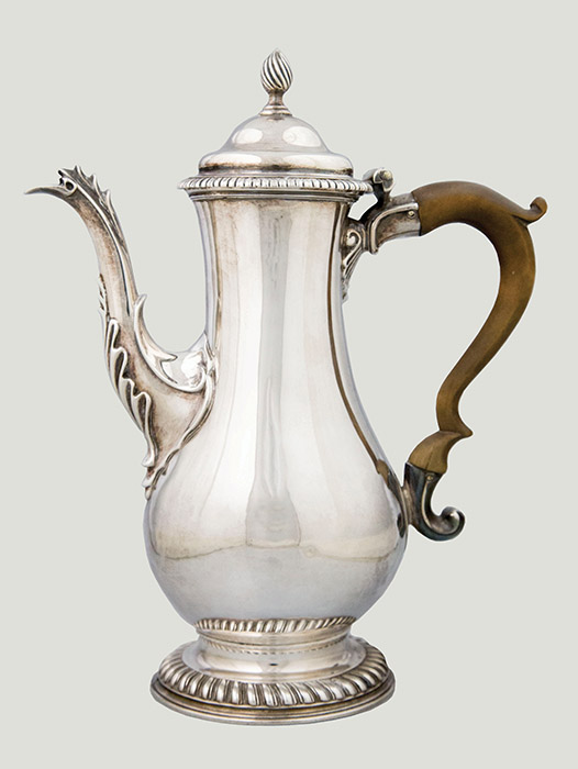 Geo III S/S Coffee Pot baluster shape, the domed lid with spiral cone shaped finial, acanthus