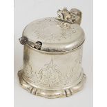 Victorian S/S Mustard Pot cylindrical shape, with pierced scroll decorated body, pierced thumbpiece,