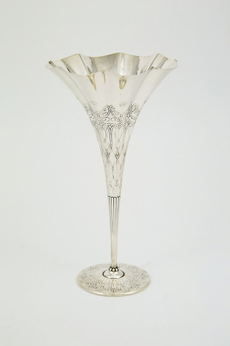 Tiffany & Co S/S Specimen Vase flared trumpet shape engraved worth scrolls and flowerheads, 24cm