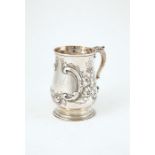 Geo III S/S Tankard baluster shape, with embossed florals and engraved name to cartouche, acanthus