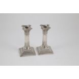 Pair Victorian S/S Dwarf Corinthian Column Candlesticks traditional form on stepped square bases