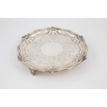 Edw VII S/S Card Tray circular with scroll and leaf cast rim on three stylised scroll feet, wide