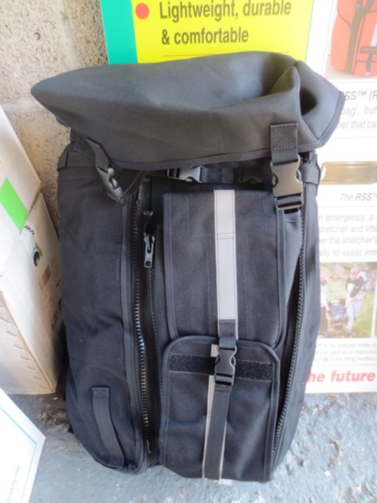 Black Rucksack Stretcher Systems (RSS) Day sack/grab bag, fold out rucksack stretcher, with